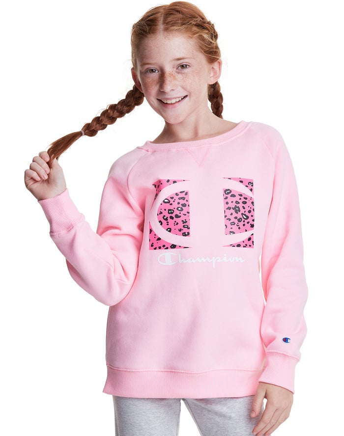 Champion Girls Hoodie NZ - Fleece Raglan Crew Leopard Knockout Logo Pink ( 2987-TDVAY )